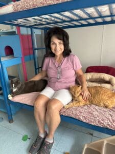 A woman sitting on a bed with several cats